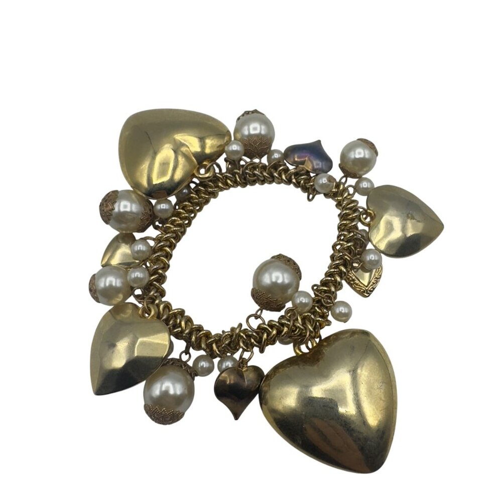 Gold-Tone Heart Charm Bracelet With Faux Pearls & Beaded Accents Pre-Owned